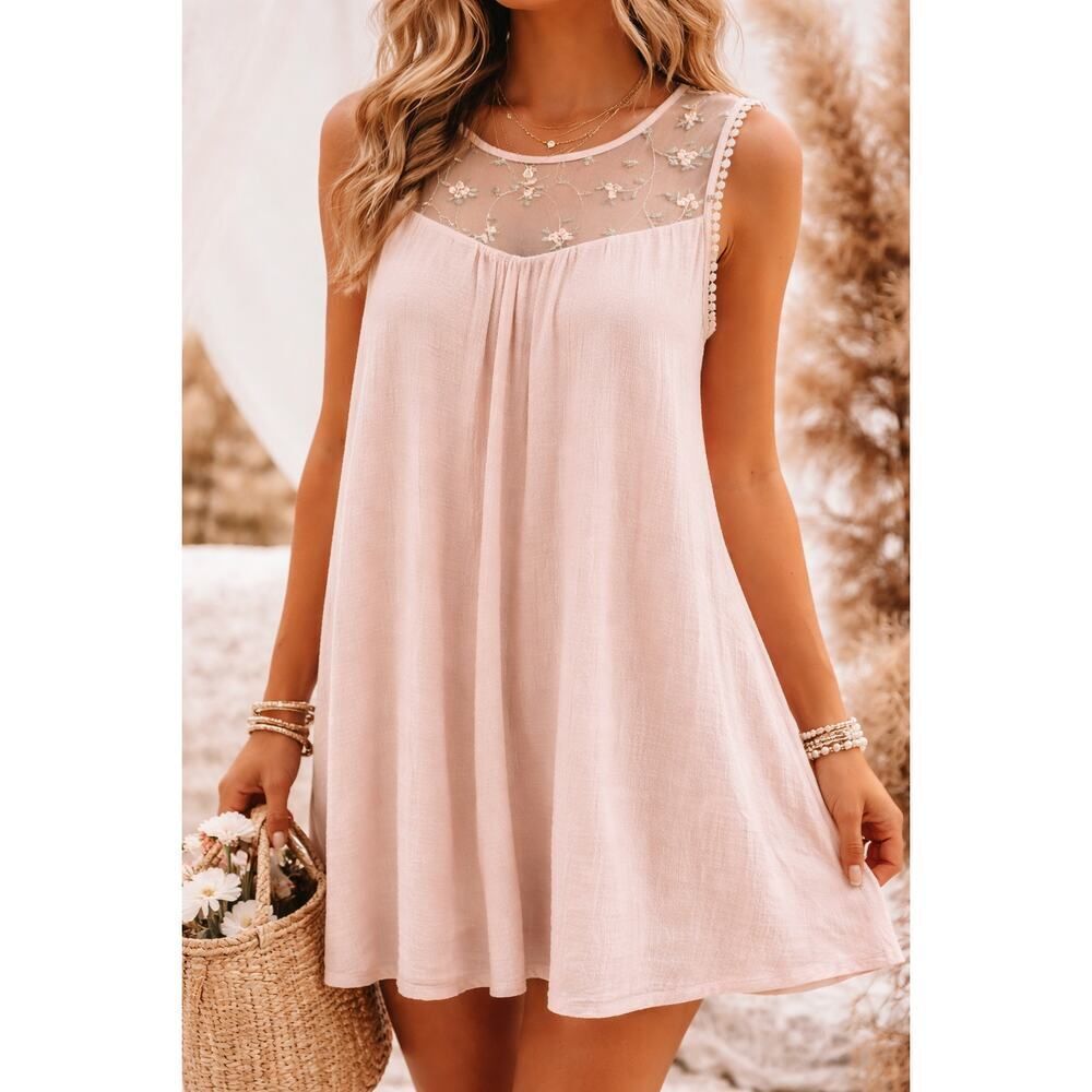 Just Found Blush Pink Embroidered Mesh Yoke Tank Top Plus Size 2X Boho Romantic